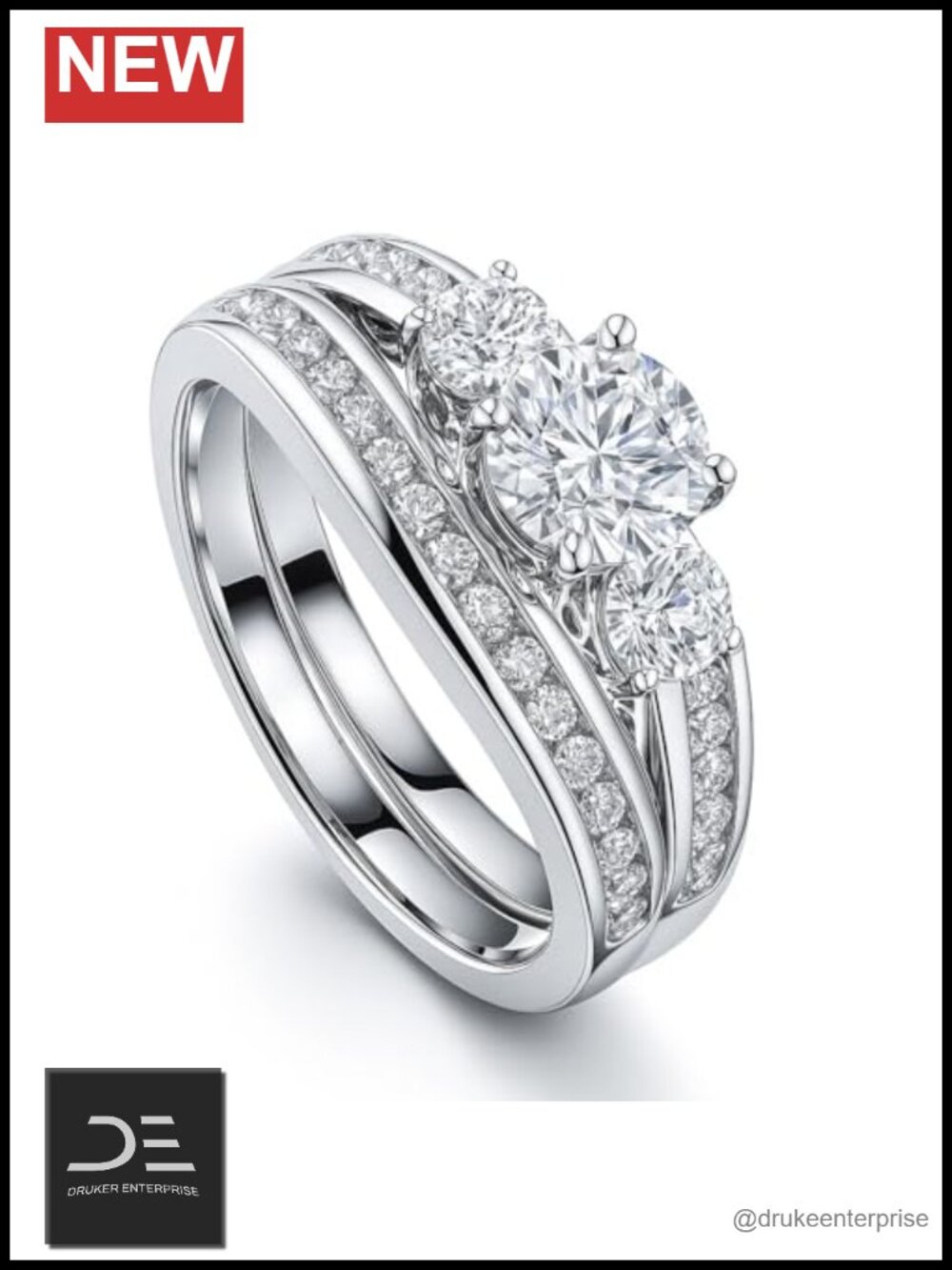 Sterling Silver 3-Stone Wedding Engagement Ring Set Women Stackable CZ